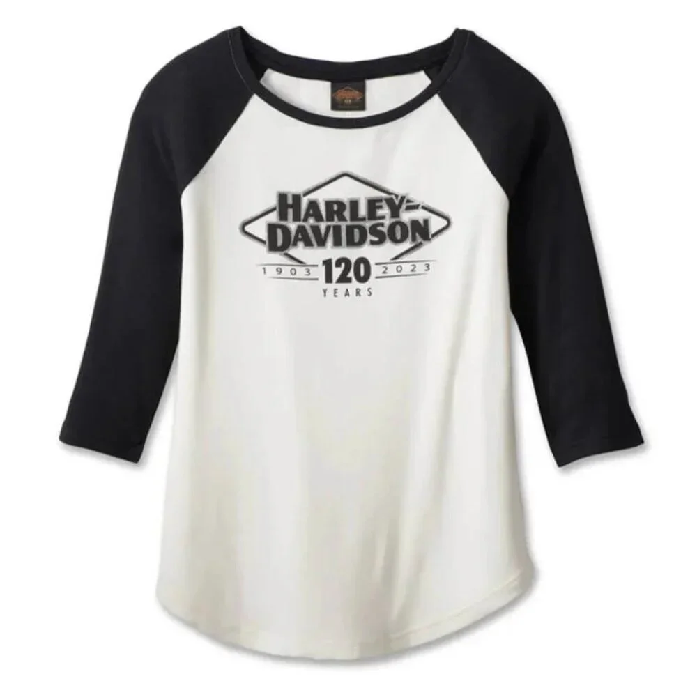 Harley-Davidson Womens 120th Anniversary Raglan Baseball Tee With 3/4 Sleeves L - Picture 1 of 15